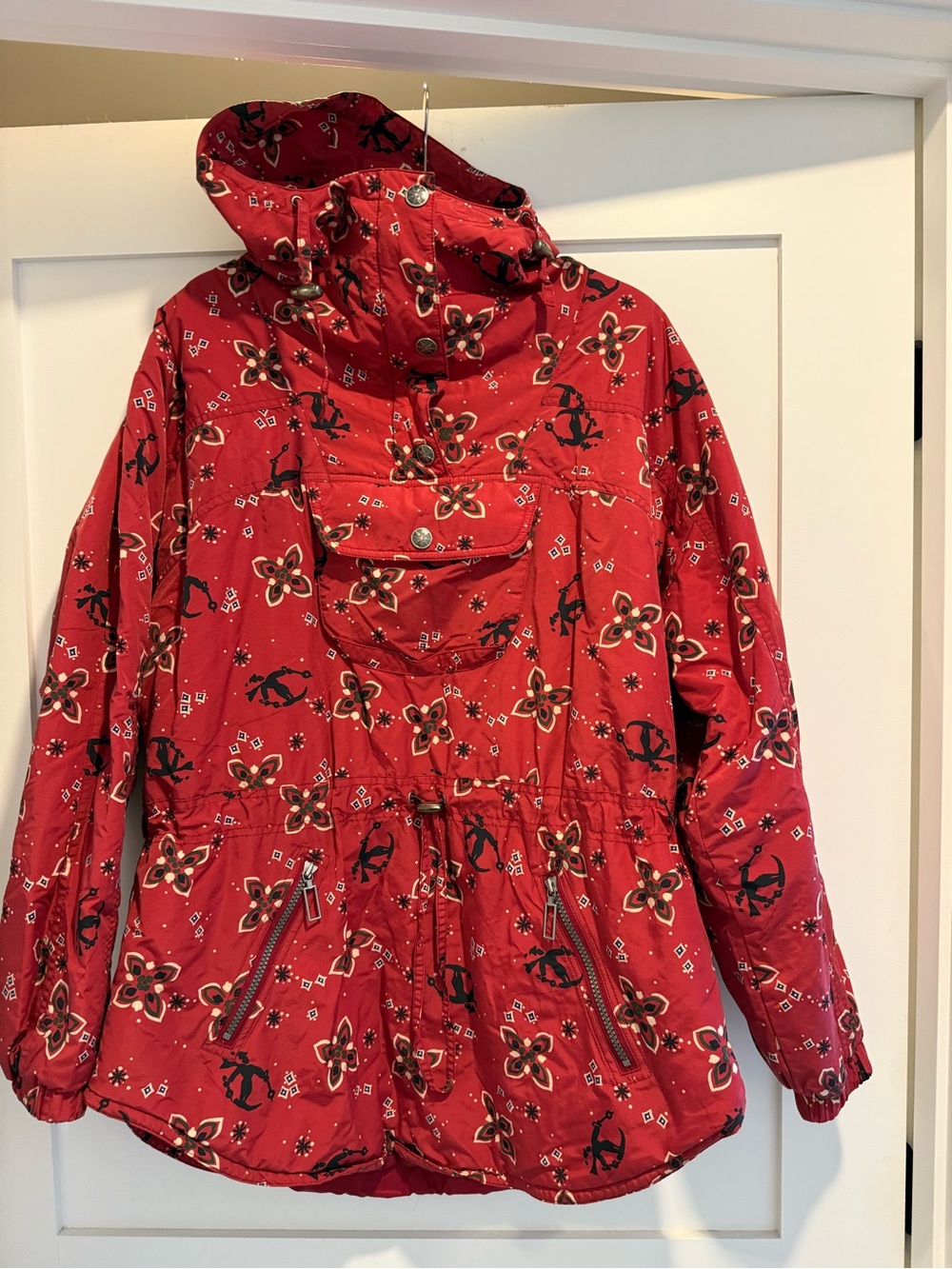 Vintage L.L. Bean Anorak Pullover Jacket Women’s Large Red Bandana/Ski Print